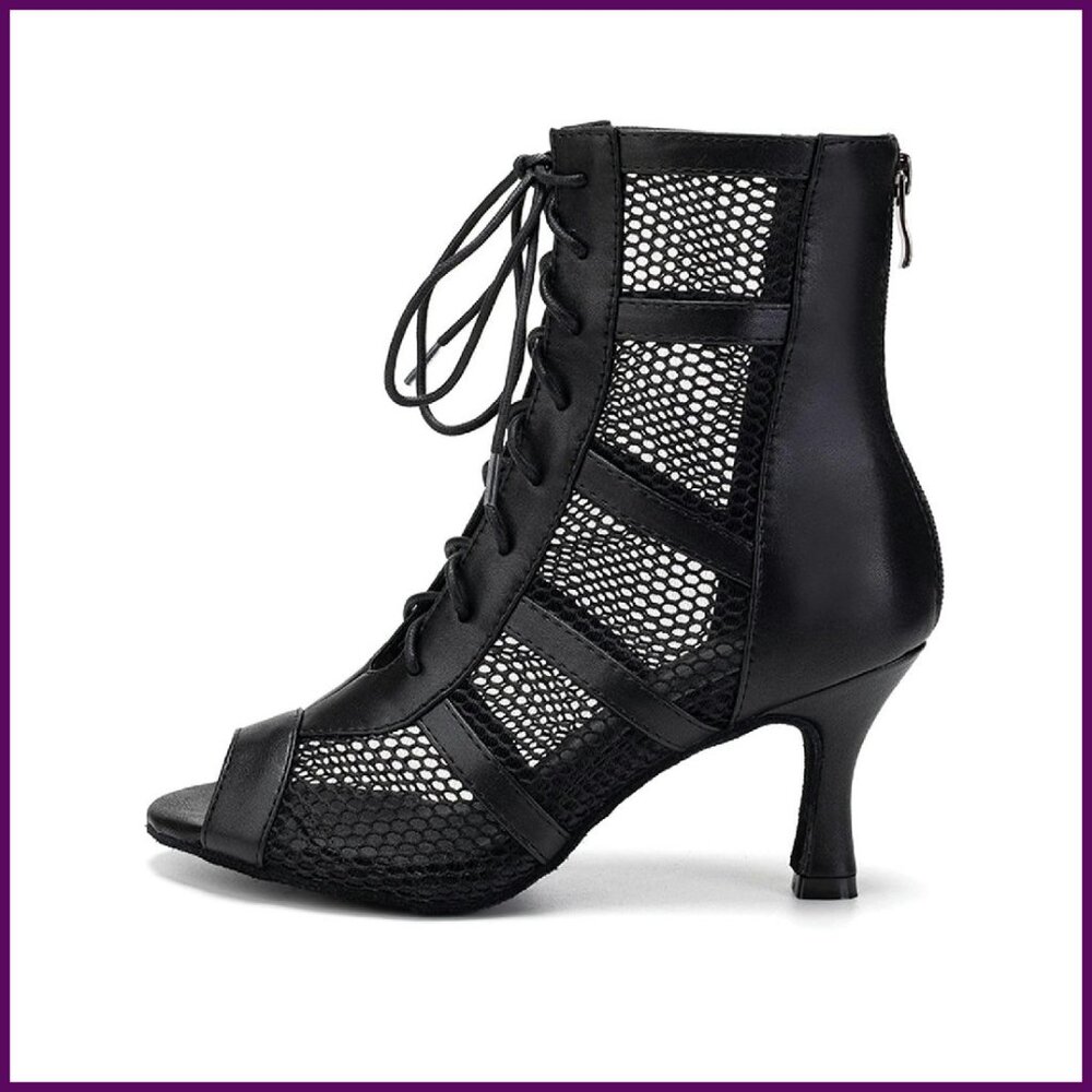 Latin Salsa Dance Heel Boots Lace-Up Open Toe Ballroom Shoes Women